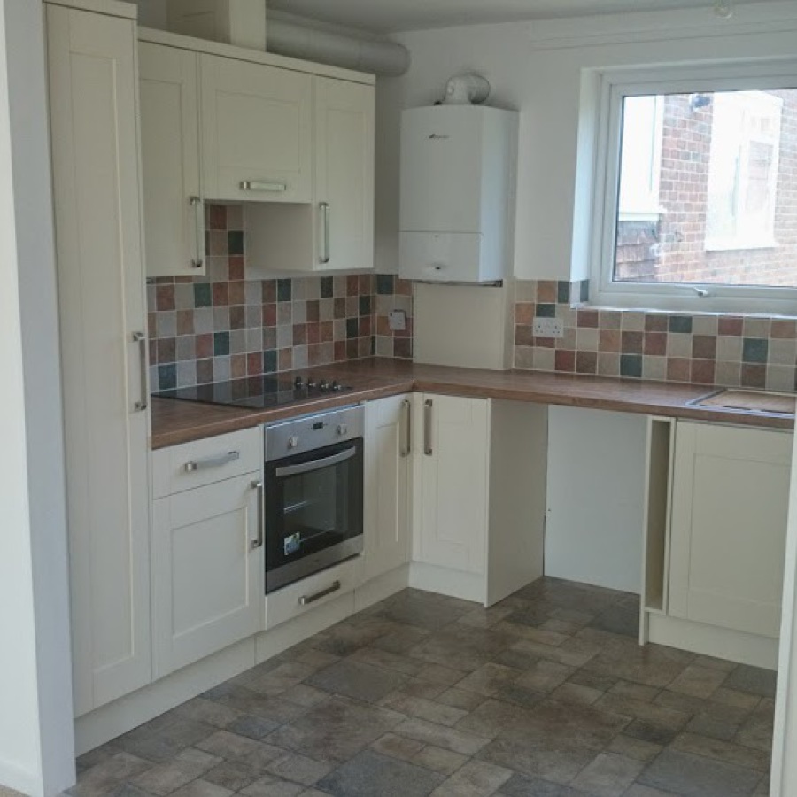 Rental flat refurbishment - remove old kitchen, knock through wall, new kitchen, tiling, flooring and decoration